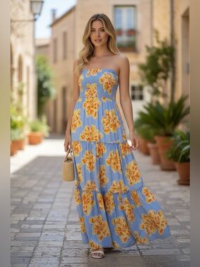 NWT Abel The Label Anthropologie Periwinkle Blue Orange Strapless Maxi M